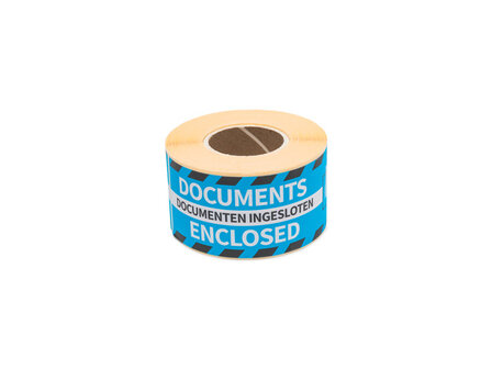 Gevaaretiket Raadhuis 46x125mm rol 250 stuks Documents enclosed EN/NL blauw