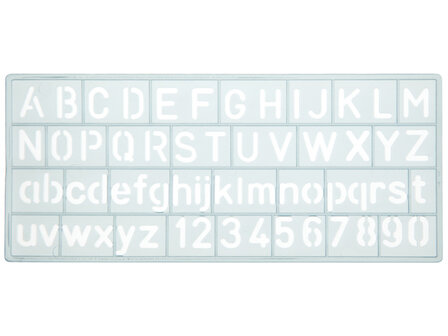 Sjabloon Westcott cijfers en letters 10mm hoog. 148X65mm,   transparant sjabloon.