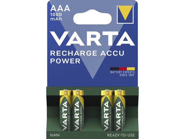 Batterij oplaadbaar Varta AAA 1000mAh blister a 4 stuks
