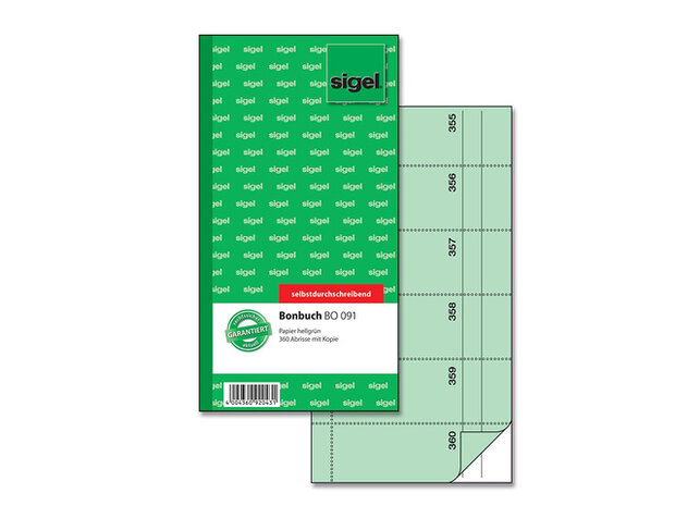 Bonboekje Sigel zelfdoorschrijvend 10,5x20cm 360 nrs groen