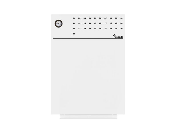 Whiteboard Rocada Skinclock 55x75cm wit gelakt met klok en  kalender inclusief pennegoot